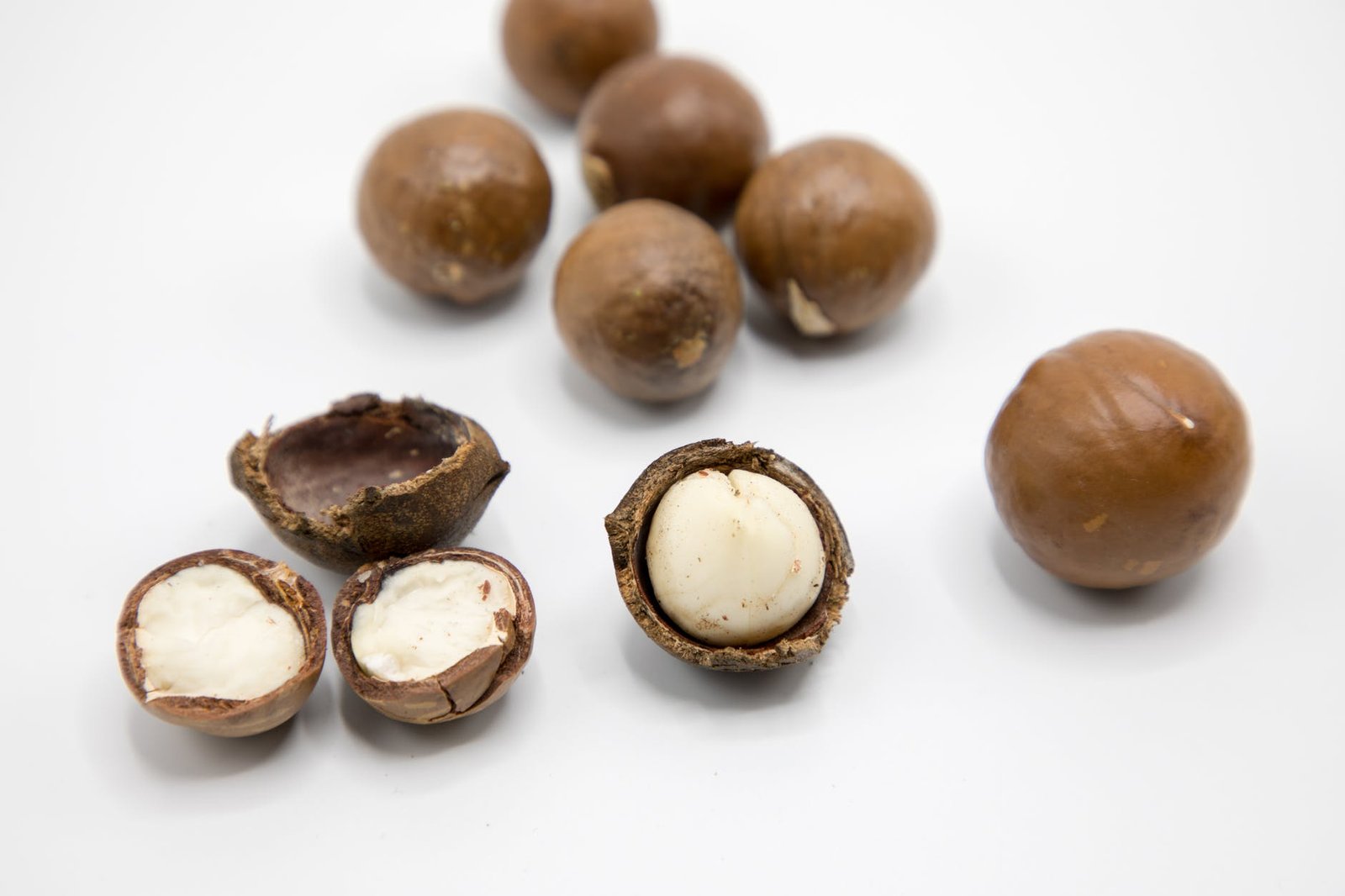 close up shot of macadamia nuts on a white surface